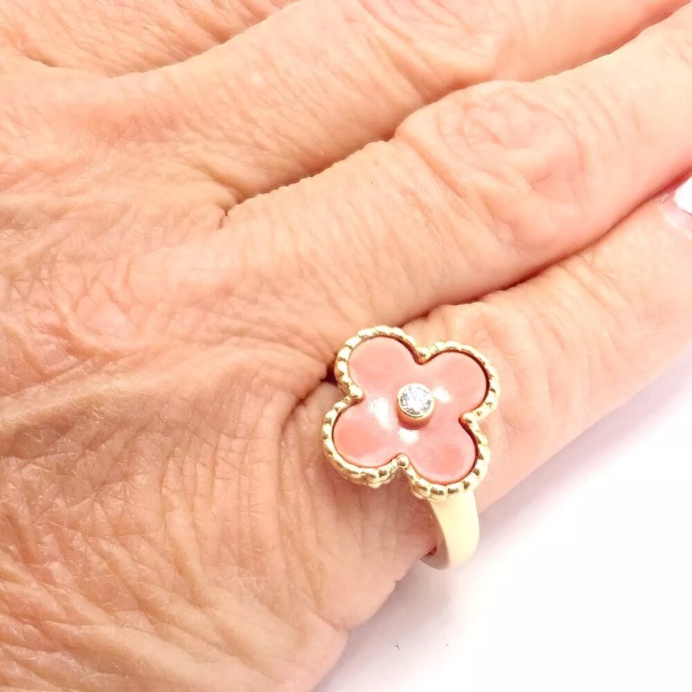 Authentic! Van Cleef & Arpels Alhambra 18k Yellow Gold Coral Diamond Ring PaperA - Picture 8 of 10